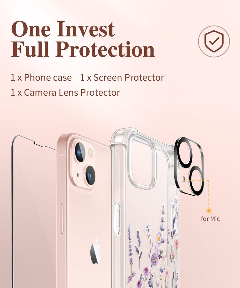 Load image into Gallery viewer, iPhone 13 Case with Tempered Glass Screen Protector + Camera Lens Protector Clear Flower Soft & Flexible Shockproof Floral Women Phone Cover (Floratopia/Colorful) AMAZON