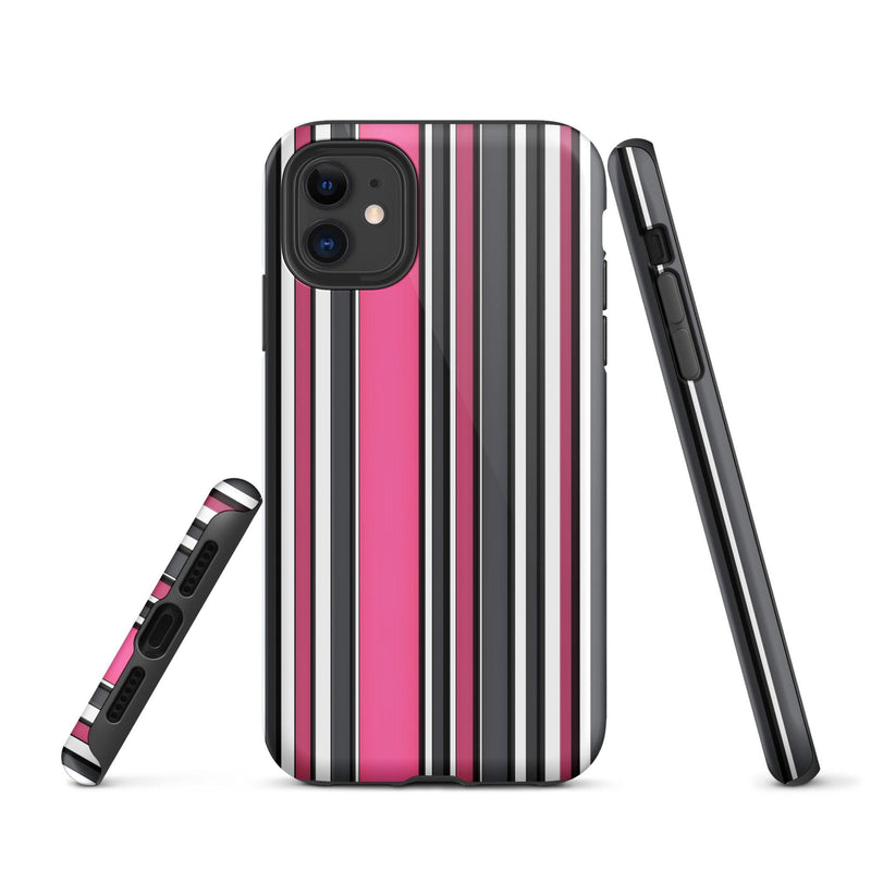 Load image into Gallery viewer, Pink White Black Striped Colorful Hardshell iPhone Case Double Layer Impact Resistant Tough 3D Wrap Matte or Glossy Finish CREATIVETECH