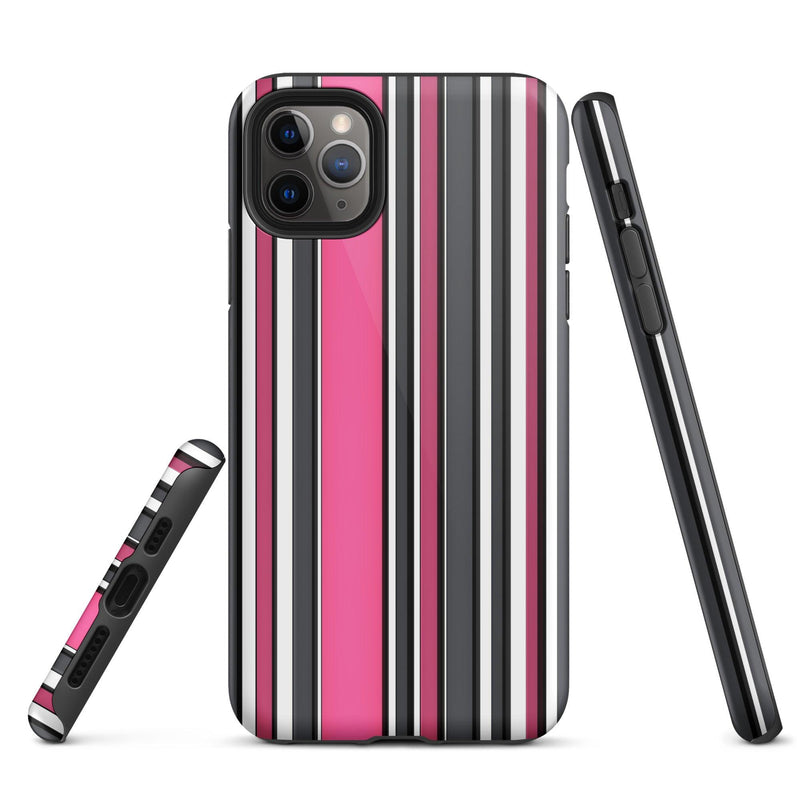 Load image into Gallery viewer, Pink White Black Striped Colorful Hardshell iPhone Case Double Layer Impact Resistant Tough 3D Wrap Matte or Glossy Finish CREATIVETECH