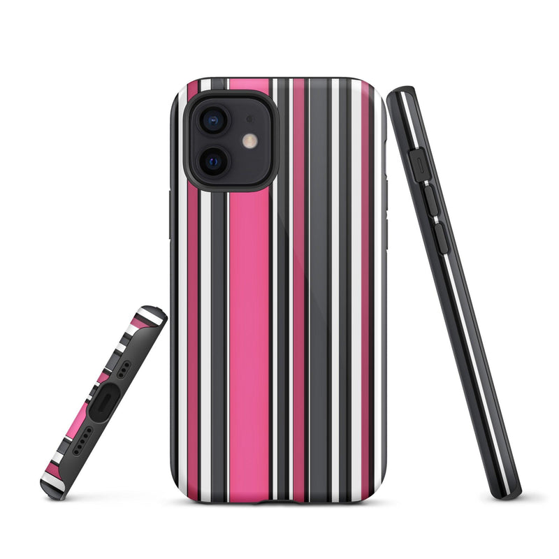 Load image into Gallery viewer, Pink White Black Striped Colorful Hardshell iPhone Case Double Layer Impact Resistant Tough 3D Wrap Matte or Glossy Finish CREATIVETECH