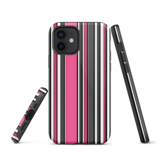 Pink White Black Striped Colorful Hardshell iPhone Case Double Layer Impact Resistant Tough 3D Wrap Matte or Glossy Finish CREATIVETECH