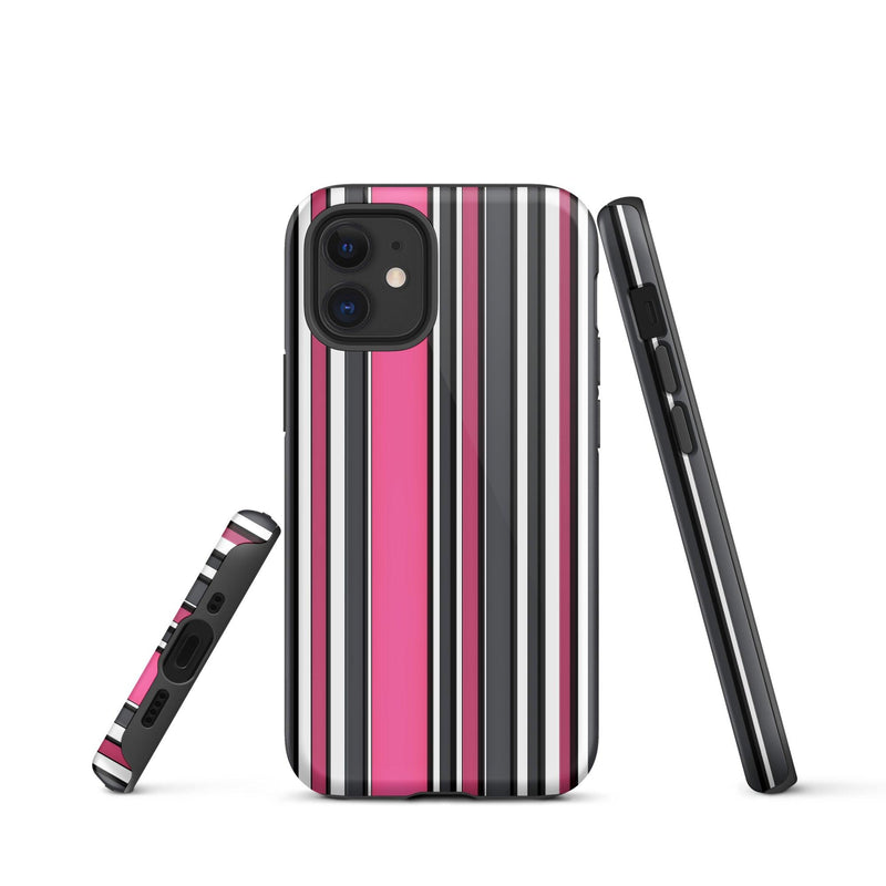 Load image into Gallery viewer, Pink White Black Striped Colorful Hardshell iPhone Case Double Layer Impact Resistant Tough 3D Wrap Matte or Glossy Finish CREATIVETECH