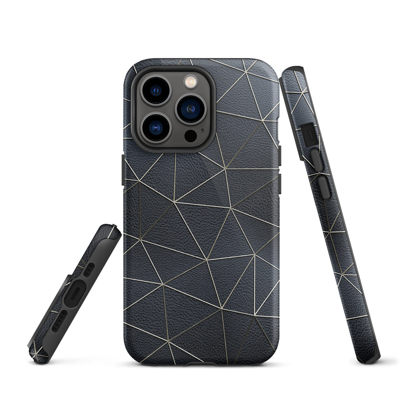 Load image into Gallery viewer, Golden Polygon Black Leather iPhone Case Hardshell 3D Wrap Thermal CREATIVETECH