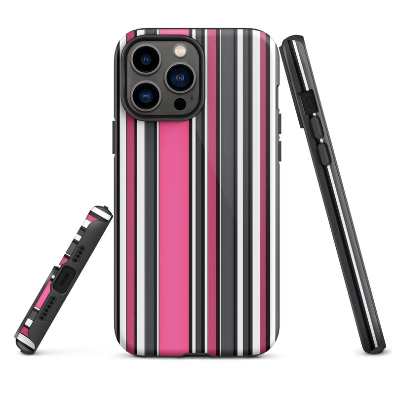 Load image into Gallery viewer, Pink White Black Striped Colorful Hardshell iPhone Case Double Layer Impact Resistant Tough 3D Wrap Matte or Glossy Finish CREATIVETECH