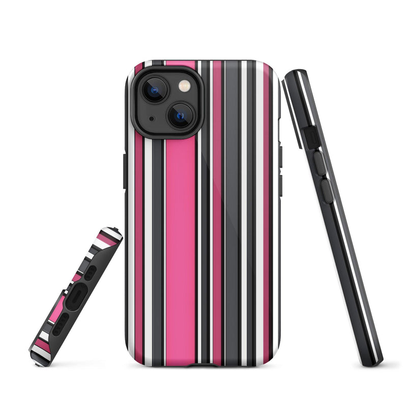 Load image into Gallery viewer, Pink White Black Striped Colorful Hardshell iPhone Case Double Layer Impact Resistant Tough 3D Wrap Matte or Glossy Finish CREATIVETECH