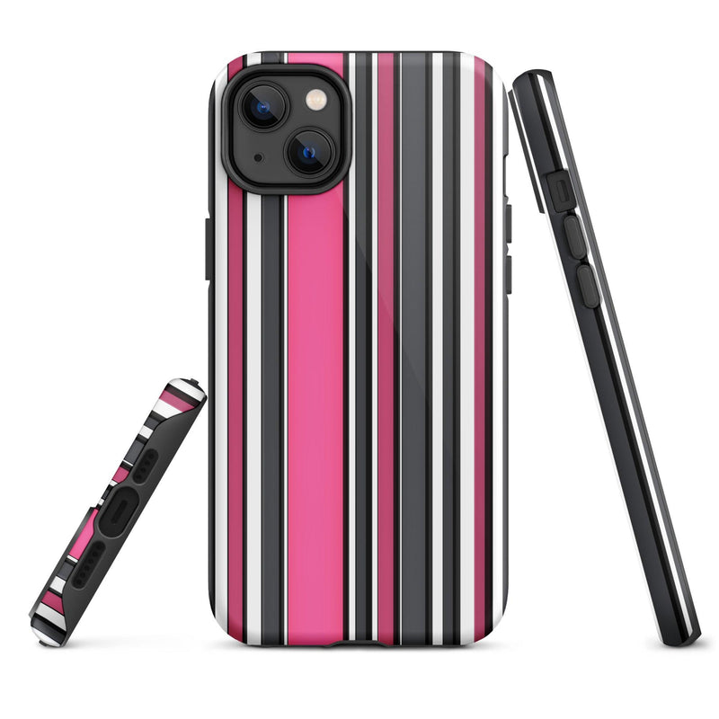 Load image into Gallery viewer, Pink White Black Striped Colorful Hardshell iPhone Case Double Layer Impact Resistant Tough 3D Wrap Matte or Glossy Finish CREATIVETECH