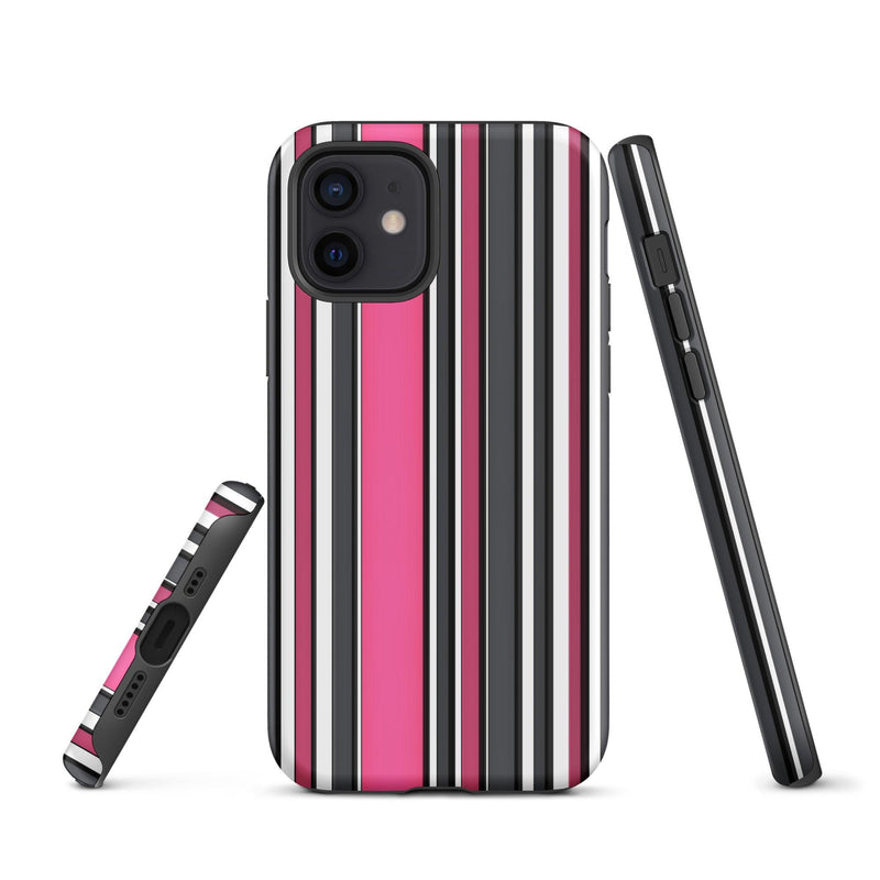 Load image into Gallery viewer, Pink White Black Striped Colorful Hardshell iPhone Case Double Layer Impact Resistant Tough 3D Wrap Matte or Glossy Finish CREATIVETECH