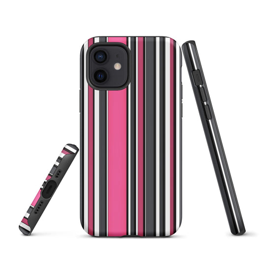 Pink White Black Striped Colorful Hardshell iPhone Case Double Layer Impact Resistant Tough 3D Wrap Matte or Glossy Finish CREATIVETECH