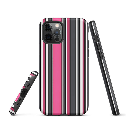 Pink White Black Striped Colorful Hardshell iPhone Case Double Layer Impact Resistant Tough 3D Wrap Matte or Glossy Finish CREATIVETECH