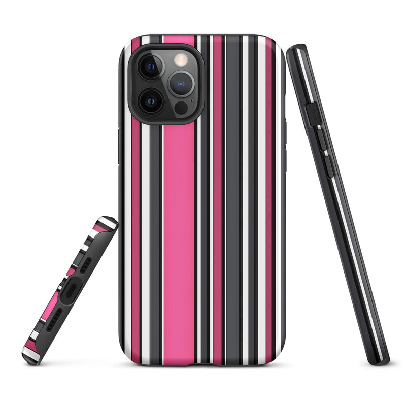 Load image into Gallery viewer, Pink White Black Striped Colorful Hardshell iPhone Case Double Layer Impact Resistant Tough 3D Wrap Matte or Glossy Finish CREATIVETECH