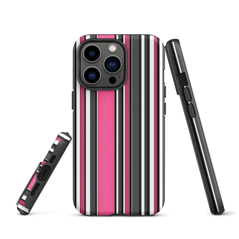 Load image into Gallery viewer, Pink White Black Striped Colorful Hardshell iPhone Case Double Layer Impact Resistant Tough 3D Wrap Matte or Glossy Finish CREATIVETECH