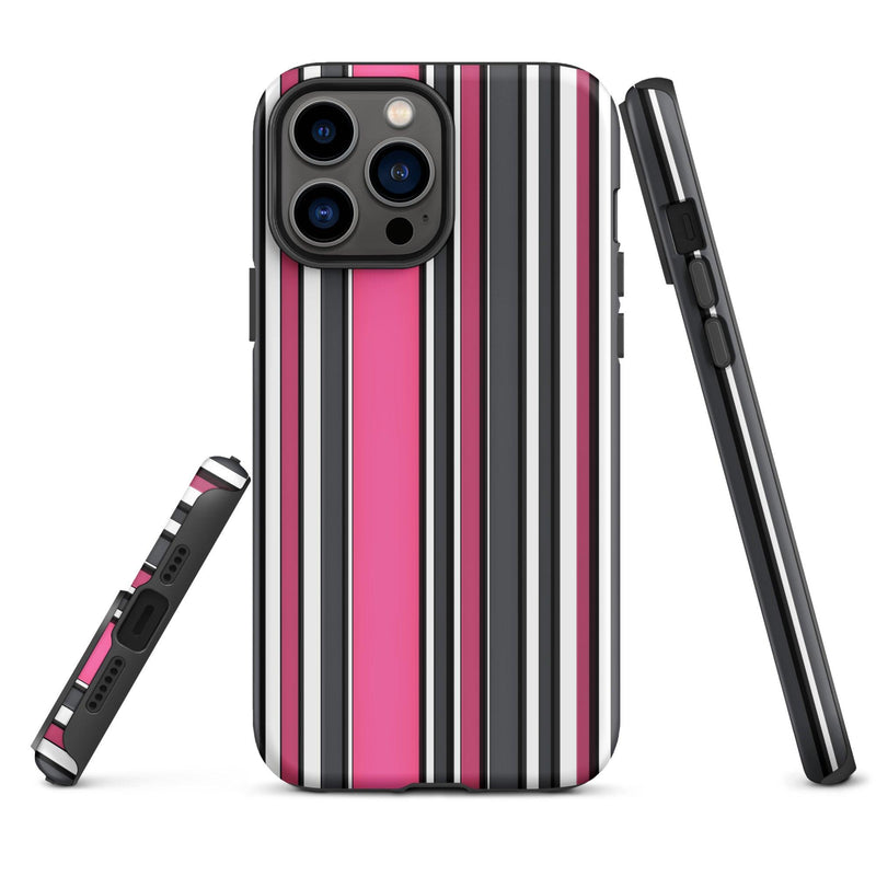 Load image into Gallery viewer, Pink White Black Striped Colorful Hardshell iPhone Case Double Layer Impact Resistant Tough 3D Wrap Matte or Glossy Finish CREATIVETECH