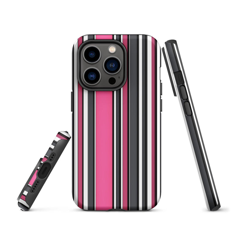 Load image into Gallery viewer, Pink White Black Striped Colorful Hardshell iPhone Case Double Layer Impact Resistant Tough 3D Wrap Matte or Glossy Finish CREATIVETECH