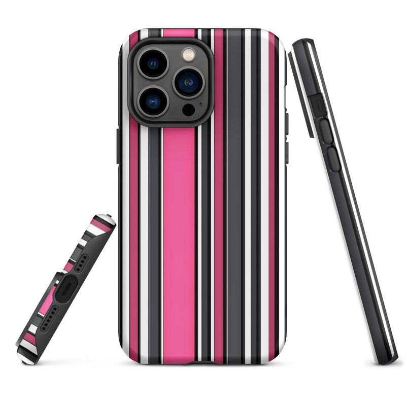Load image into Gallery viewer, Pink White Black Striped Colorful Hardshell iPhone Case Double Layer Impact Resistant Tough 3D Wrap Matte or Glossy Finish CREATIVETECH
