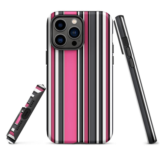 Pink White Black Striped Colorful Hardshell iPhone Case Double Layer Impact Resistant Tough 3D Wrap Matte or Glossy Finish CREATIVETECH