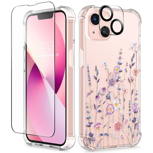 iPhone 13 Case with Tempered Glass Screen Protector + Camera Lens Protector Clear Flower Soft & Flexible Shockproof Floral Women Phone Cover (Floratopia/Colorful) AMAZON