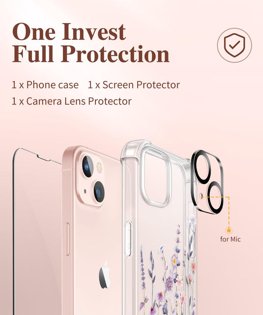 iPhone 13 Case with Tempered Glass Screen Protector + Camera Lens Protector Clear Flower Soft & Flexible Shockproof Floral Women Phone Cover (Floratopia/Colorful) AMAZON
