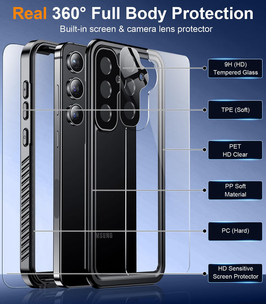 Waterproof Built-in Lens & Screen Protector [Full Body Shockproof][Military Drop Proof][IP68 Underwater] Phone Case for Galaxy S24 5G-Black (2024) AMAZON