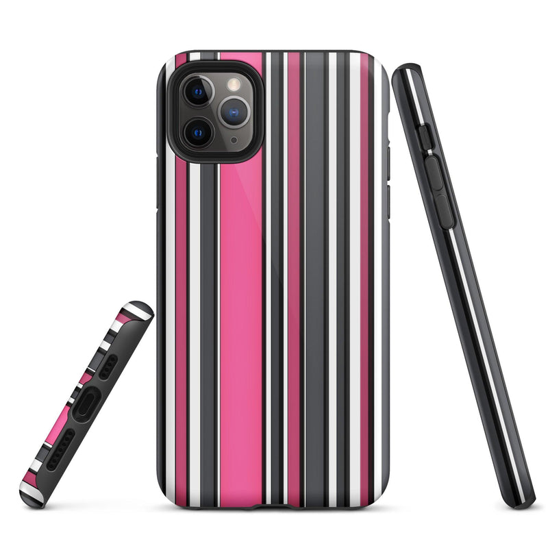 Load image into Gallery viewer, Pink White Black Striped Colorful Hardshell iPhone Case Double Layer Impact Resistant Tough 3D Wrap Matte or Glossy Finish CREATIVETECH
