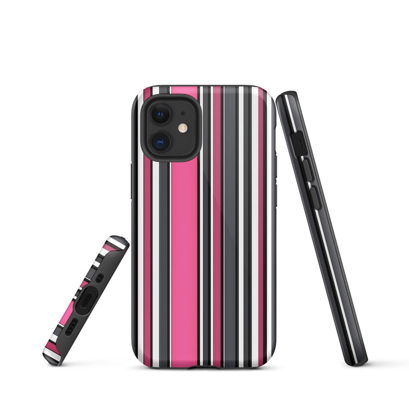 Load image into Gallery viewer, Pink White Black Striped Colorful Hardshell iPhone Case Double Layer Impact Resistant Tough 3D Wrap Matte or Glossy Finish CREATIVETECH
