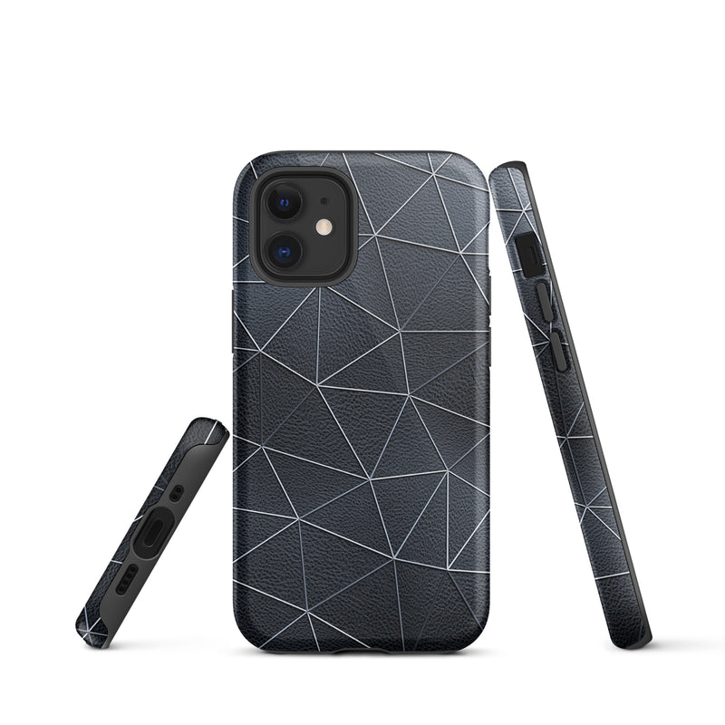 Load image into Gallery viewer, Silver Polygon Black Leather iPhone Case Hardshell 3D Wrap Thermal CREATIVETECH
