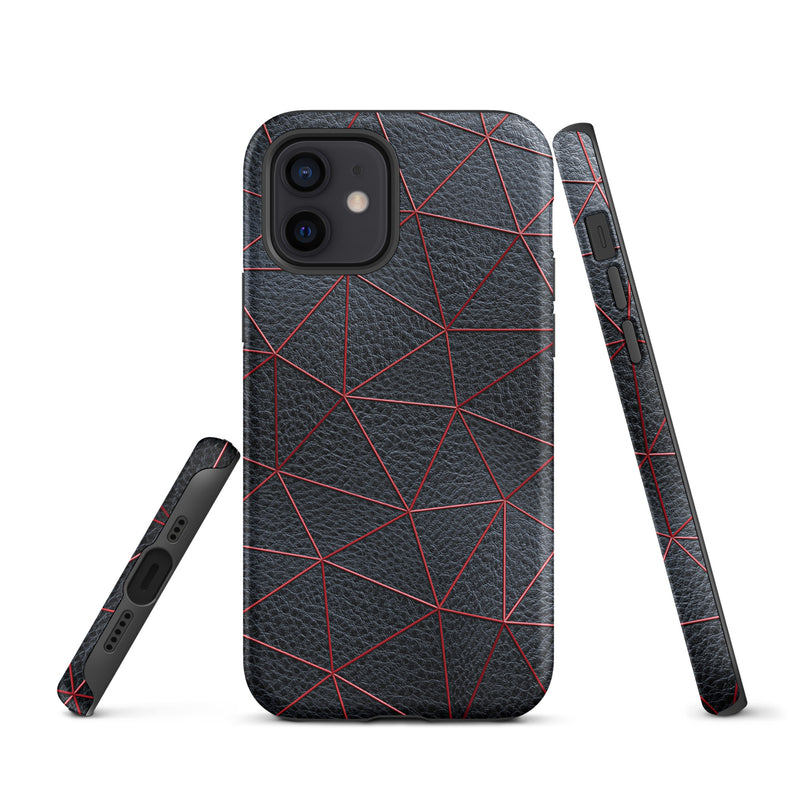 Load image into Gallery viewer, Red Polygon Black Leather iPhone Case Hardshell 3D Wrap Thermal CREATIVETECH
