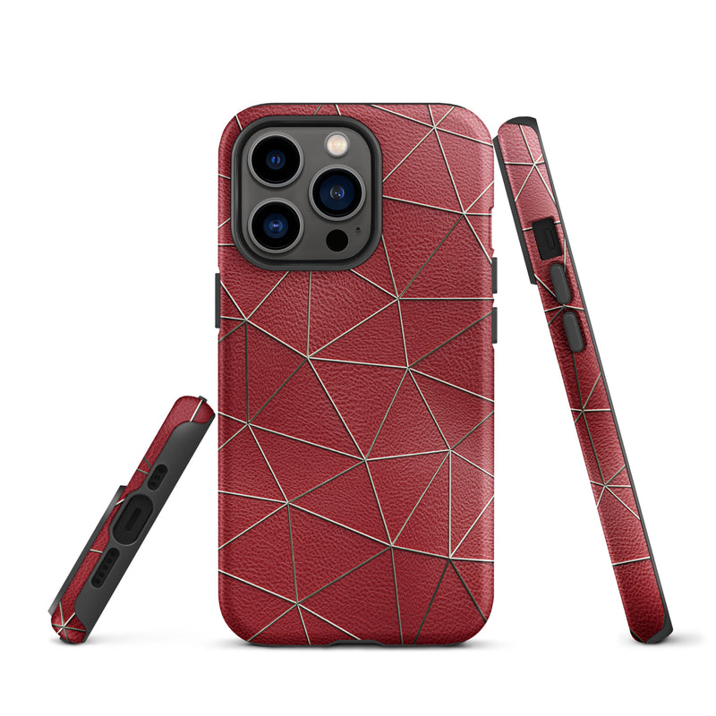 Load image into Gallery viewer, Golden Polygon Red Leather iPhone Case Hardshell 3D Wrap Thermal CREATIVETECH

